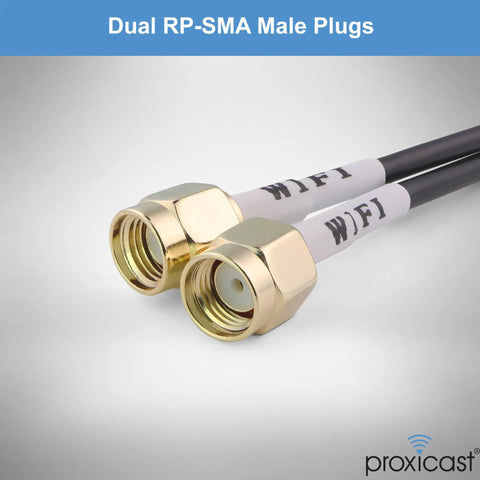 Dual RP SMA male plugs with gold finish, designed for enhanced connectivity in Slick Ultra Low Profile Indoor Outdoor Omni Directional MIMO WiFi Antenna.