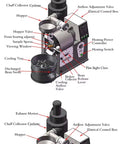 Diagram of a commercial coffee roaster with drum roasting system, digital control, and cooling tray for coffee shops and small batch roasteries