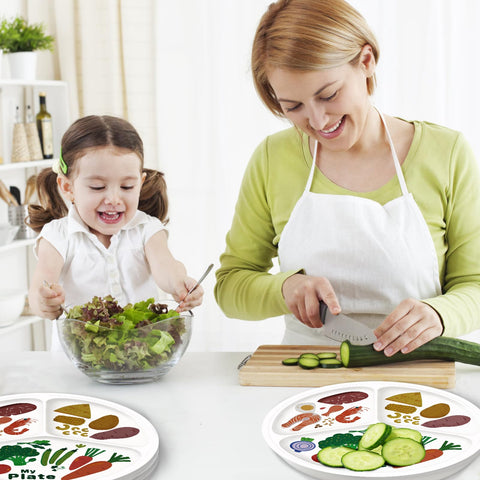 Mom and daughter preparing healthy meals with Sick 10 Inch Melamine Sectioned Plate For Portion Control And Keeping Calorie Intake In Check.