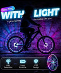 Kid riding a bike with Bright Dope Multicolor Wheel Hub Lights For Night Riding Quick Install Tool Free Spoke Lights That Boost Bike Safety And Visibility From Every Angle Fits Most Hubs 2 Pack glowing in the dark.