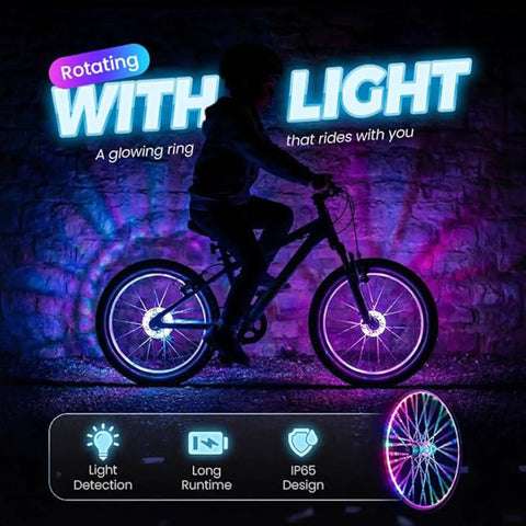 Kid riding a bike with Bright Dope Multicolor Wheel Hub Lights For Night Riding Quick Install Tool Free Spoke Lights That Boost Bike Safety And Visibility From Every Angle Fits Most Hubs 2 Pack glowing in the dark.