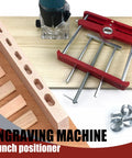 Precision Woodworking Mortise And Tenon Jig With Self Centering Loose Tenon Doweling Kit and Punch Locator for Dead Nuts Alignment and No Sweat Fitting on Custom Furniture Builds showing an engraving machine and punch positioner.