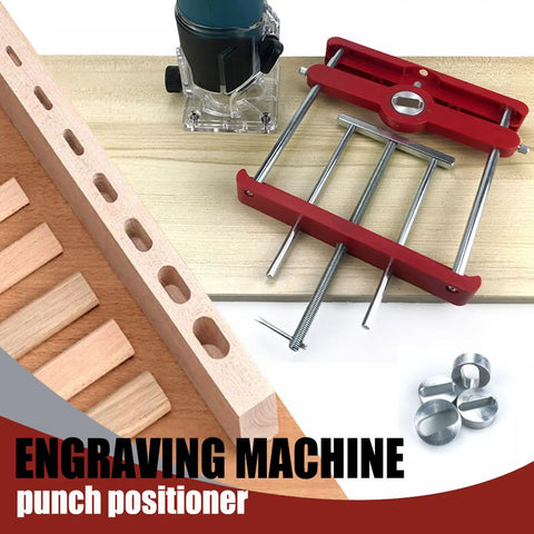 Precision Woodworking Mortise And Tenon Jig With Self Centering Loose Tenon Doweling Kit and Punch Locator for Dead Nuts Alignment and No Sweat Fitting on Custom Furniture Builds showing an engraving machine and punch positioner.