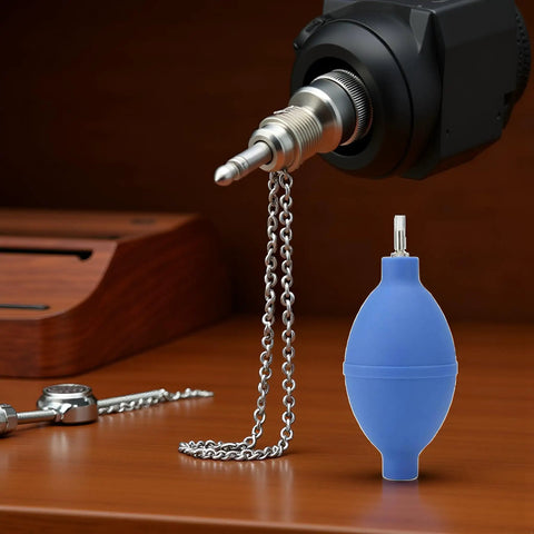 Blue Rubber Soft Cleaning Tool For Wristwatch Parts On The Go, Dust Air Blower Pump, pocket-size watch repair accessory next to tools