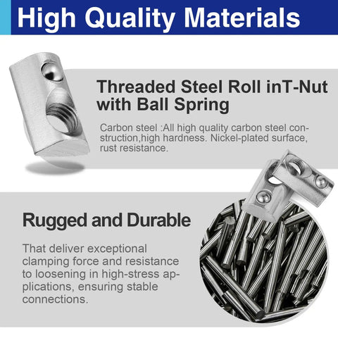 Pack Of 25 1/4 20 Roll In T Nuts With Ball Springs For 8020 Aluminum Extrusion T Slot Framing showing carbon steel construction.