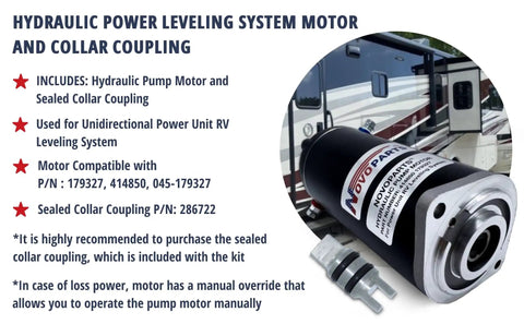 Beefy Replacement Hydraulic Pump Motor For Unidirectional RV Leveling Systems 179327 414850, shown with RV background.