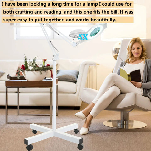 Ultra Bright 5X Magnifying Floor Lamp With Rolling Base in living room, woman reading, LED glass lens, adjustable arm, white color