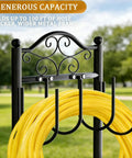 Heavy Duty Garden Hose Holder Stand For 100 Foot Hoses Freestanding Water Hose Rack For Yard And Garden Quad Anchor Base For Superior Stability Black Performance, with yellow hose on rack.