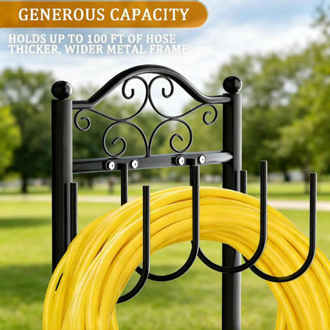 Heavy Duty Garden Hose Holder Stand For 100 Foot Hoses Freestanding Water Hose Rack For Yard And Garden Quad Anchor Base For Superior Stability Black Performance, with yellow hose on rack.