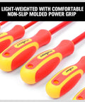 Heavy Duty Six Piece Insulated Screwdriver Set With Sure Grip Magnetic Tips And Certified 1000V Safety Crafted Badass From Chromium Steel With Comfy Rubber Handles close-up of red and yellow non-slip molded handles.