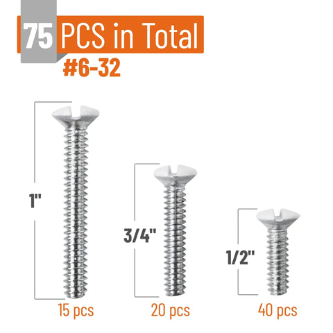 75 Pack Wall Plate Screws Set With Slotted Oval Heads For Outlets And Light Switches, three sizes shown with quantity