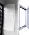 Solid Aluminum Access Door For Crawl Spaces And Attics With Heavy Duty Hinges And Dead Nuts Secure Locking Cover open view showing interior.
