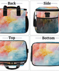 Insulated Picnic Backpack Lunch Bag For Women And Men with colorful design showing back, side, top, and bottom views