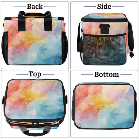 Insulated Picnic Backpack Lunch Bag For Women And Men with colorful design showing back, side, top, and bottom views