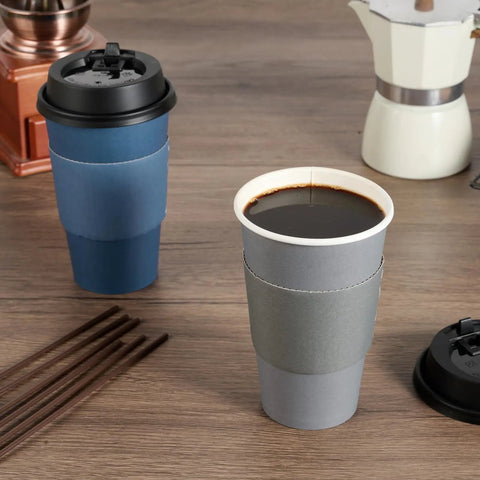 16 Oz Disposable Paper Coffee Cups With Lids, Sleeves, And Stir Sticks, Blue And Gray, 100 Pack, Great Value Set For Hot Coffee