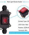 IP67 Waterproof Inline Cord Switch 12V DC 20A DPST 4 Pin Two Position On Off Outdoor Toggle With Red Light Rocker Button, front view