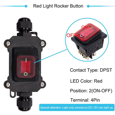 IP67 Waterproof Inline Cord Switch 12V DC 20A DPST 4 Pin Two Position On Off Outdoor Toggle With Red Light Rocker Button, front view