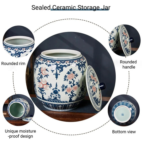 Large Ceramic Rice Jar And Flour Bin With Snap Lock Airtight Lids Authentic Chinese Good Fortune Design top view with rounded rim