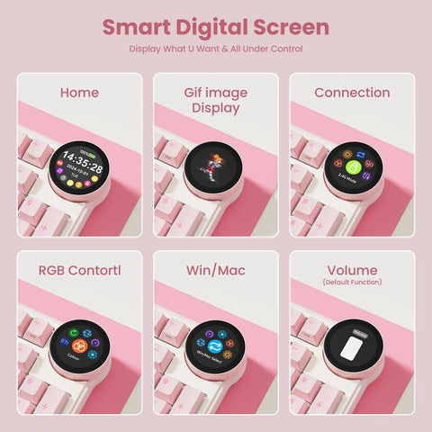 Smart digital screen on Top Shelf Wireless Mechanical Keyboard With Smart Screen And Rotary Knob for volume control and settings.