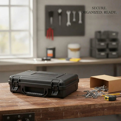 Grab And Go Portable Plastic Tool Box With Locking Latches On Workbench For Hardware Organization In A Sturdy Black Storage Case
