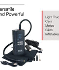 On The Go Portable Tire Inflator With Dual Power Source, Rechargeable Battery, LED Preset Gauge And Auto Shut Off, displayed with hose and adapters.