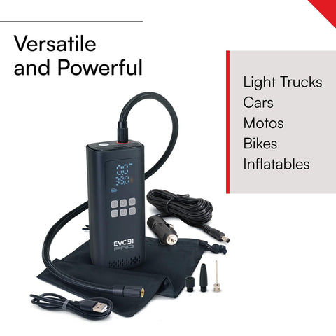 On The Go Portable Tire Inflator With Dual Power Source, Rechargeable Battery, LED Preset Gauge And Auto Shut Off, displayed with hose and adapters.