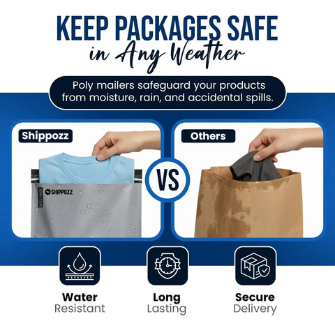 Comparison of water-resistant ShippOzz poly mailer vs. paper bag for keeping items dry, with focus on durability in varied weather.