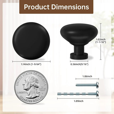 Product dimensions of 10 Pack Matte Black Cabinet Knobs And Solid Zinc Drawer Pulls For Kitchen Cabinets shown with a quarter for scale.