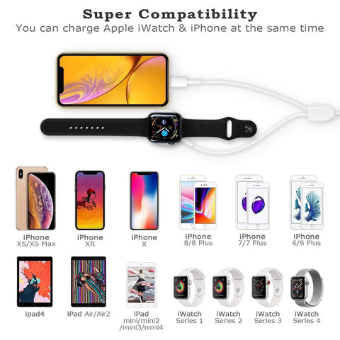 Image showcasing charging Apple iWatch and iPhone simultaneously, featuring various models and compatibility options.