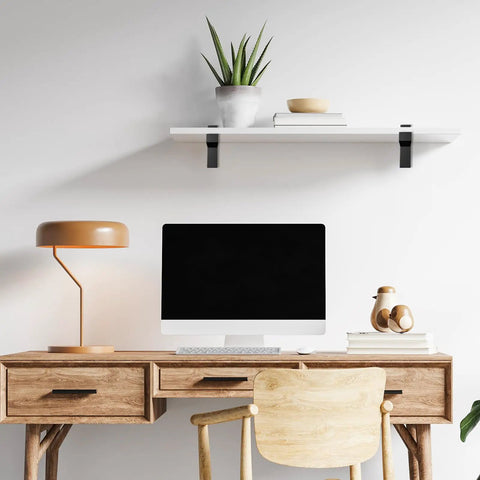 Tough As Nails Heavy Duty Floating Shelf Brackets Set Of Four Adjusts Securely To Glass And Wood Supports 25 Pounds Per Pair Premium Zinc Alloy With Polished Chrome Finish For Bathroom Remodels on a modern desk setup.