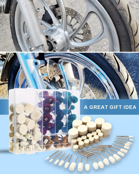 Hustle Free 140 Piece Drill Compatible Rotary Polishing Kit With Multi Size Buffing Wheels Sanding Pads And Precision Cutting Bits For Smooth Finishing Work Offering Real Bang For Your Buck Indoors Or Outdoors showing polishing tools and wheel.