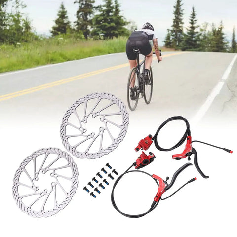 Upgrade Your Ride With This Heavy Duty Disc Brake Kit For Mountain Road And E Bikes Featuring Aluminum Alloy Hydraulic Mechanical Front Rear Setup Rock Solid Stops Tight Grip, showing two disc brakes and hydraulic components.