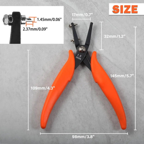 6 Inch Metal Hole Punch Pliers For 1.5mm Clean Holes In Jewelry Making with orange PVC grips and size dimensions