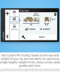 Big 7 Inch RV GPS Navigator With Custom RV Routes displayed on screen showing travel trailer options and dimensions, renewed.