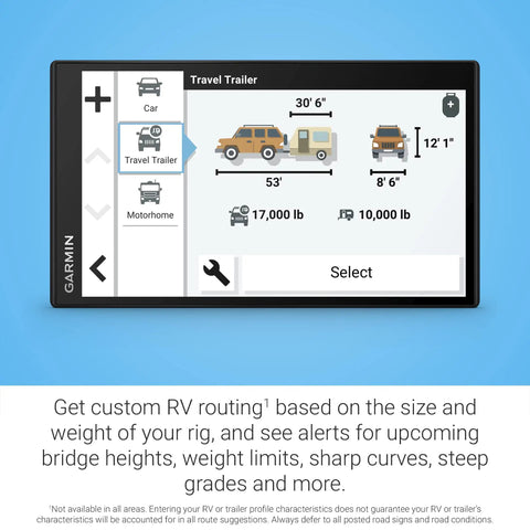 Big 7 Inch RV GPS Navigator With Custom RV Routes displayed on screen showing travel trailer options and dimensions, renewed.