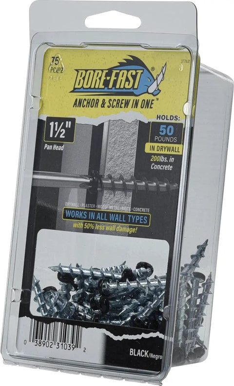 Self Drilling Drywall Anchors Set 75 Pack Holds Up To Fifty Pounds In Drywall And Two Hundred Pounds In Concrete package.