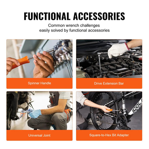 Functional accessories for One Quarter Inch Drive Socket And Ratchet Set, tools including spinner handle and extension bar in use