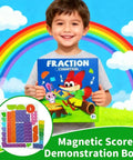 Child holding a Fraction Cognition book with colorful Magnetic Fraction Tiles And Circles Set For Hands On Math Fun inset.
