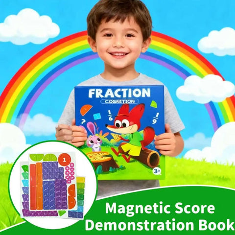Child holding a Fraction Cognition book with colorful Magnetic Fraction Tiles And Circles Set For Hands On Math Fun inset.