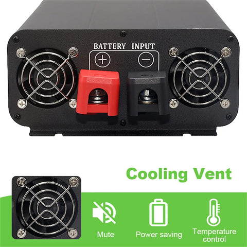 Badass 10000W Power Inverter Transforms 24V 48V 60V Batteries Into 110V 220V AC Output showing battery input and cooling vents.
