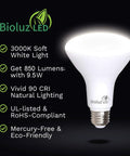 24 Pack BR30 LED Flood Light Bulbs 9.5W 75W Equivalent 850 Lumens 3000K Soft White 90+ CRI E26 Base shown with features