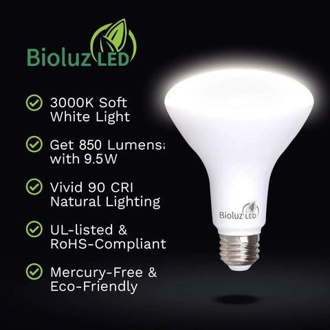 24 Pack BR30 LED Flood Light Bulbs 9.5W 75W Equivalent 850 Lumens 3000K Soft White 90+ CRI E26 Base shown with features