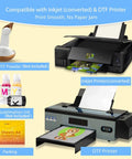 DTF Transfer Film For Sublimation 30 A4 Sheets 8.3x11.7 Inches Direct To Film Paper For Inkjet Printers with compatible printers shown.