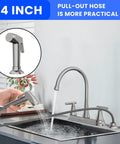 Swanky Two Handle Kitchen Faucet With Pull Out Side Sprayer And Tall High Rise Arc Finished In Brushed Nickel over sink with water flow.