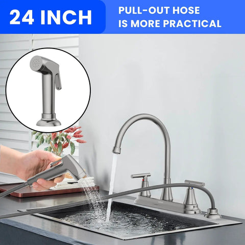 Swanky Two Handle Kitchen Faucet With Pull Out Side Sprayer And Tall High Rise Arc Finished In Brushed Nickel over sink with water flow.