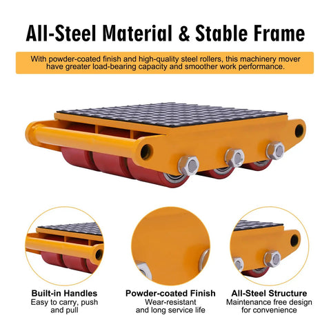 Heavy Duty Machine Dolly Skate With 15 Ton Capacity Moves Industrial Equipment And Warehousing Cargo Smoothly, featuring powder-coated steel and rollers.