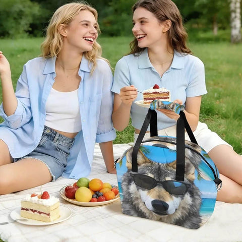 Insulated Lunch Box Tote Cooler Bag With Leakproof Design, Adjustable Shoulder Strap shown at picnic with wolf graphic design