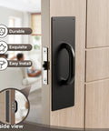 Stainless Steel Door Push Plates And Pull Handles Set For Home And Office, Rugged Heavy Duty Push Pull Door Plate Kit For Cabinets And Commercial Use, Indoor Outdoor Applications, 304 Stainless Steel, Rust Resistant, 2 Pack side view on wood door