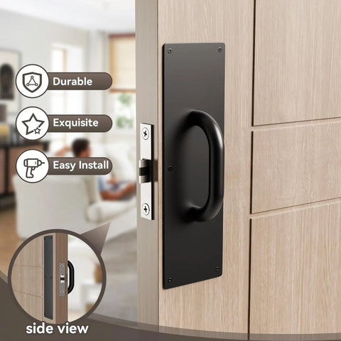 Stainless Steel Door Push Plates And Pull Handles Set For Home And Office, Rugged Heavy Duty Push Pull Door Plate Kit For Cabinets And Commercial Use, Indoor Outdoor Applications, 304 Stainless Steel, Rust Resistant, 2 Pack side view on wood door