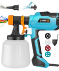 Blue 700W HVLP Paint Sprayer with 1400ml large capacity tank, four nozzles, and cleaning functions shown with accessories.